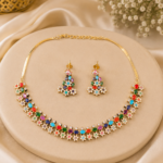 Navratan Pearl Necklace Set With Earrings - Multi