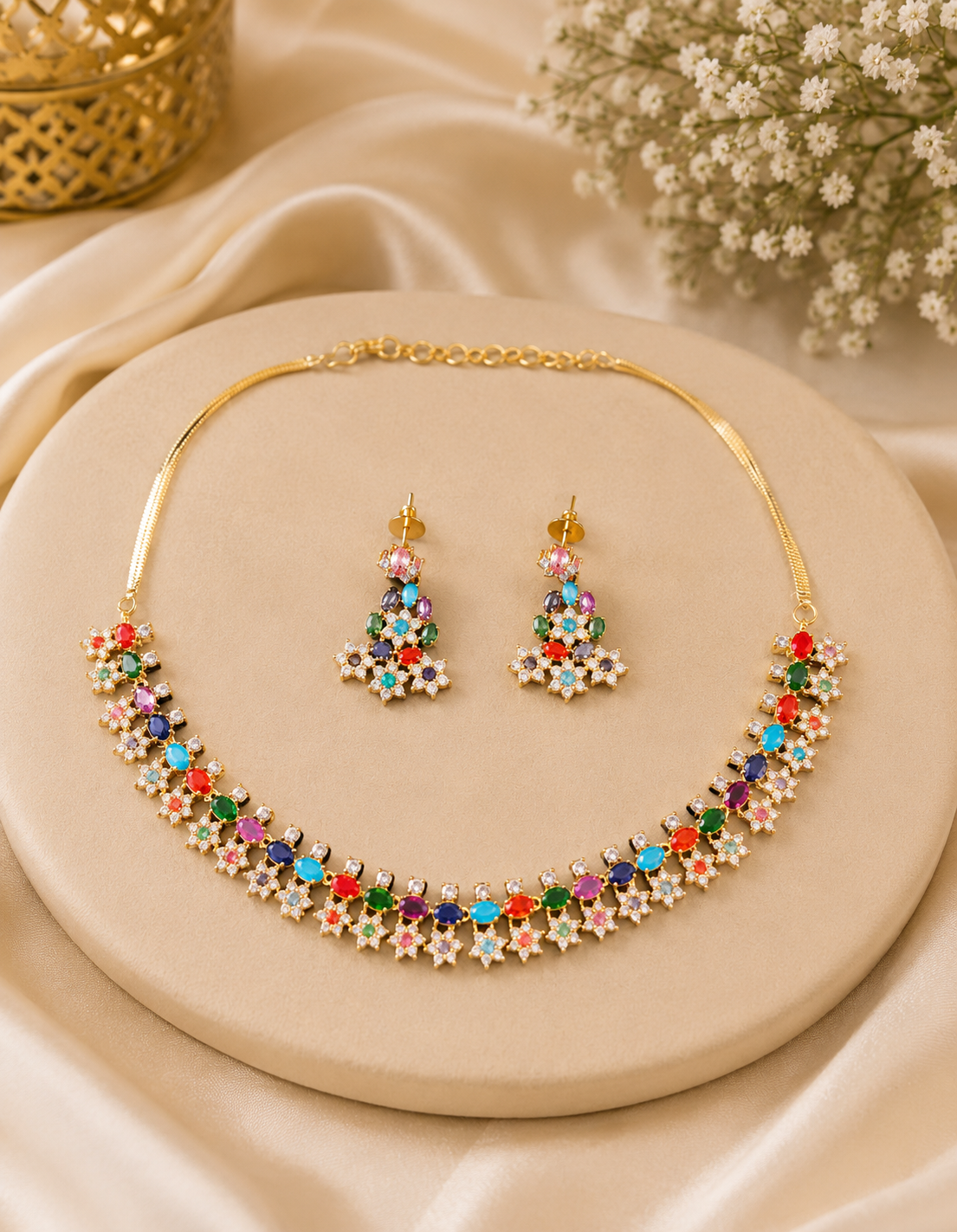 ba960972-d1ed-4f66-84f9-ab720944a114.png Navratan Pearl Necklace Set With Earrings - Multi - Image 1