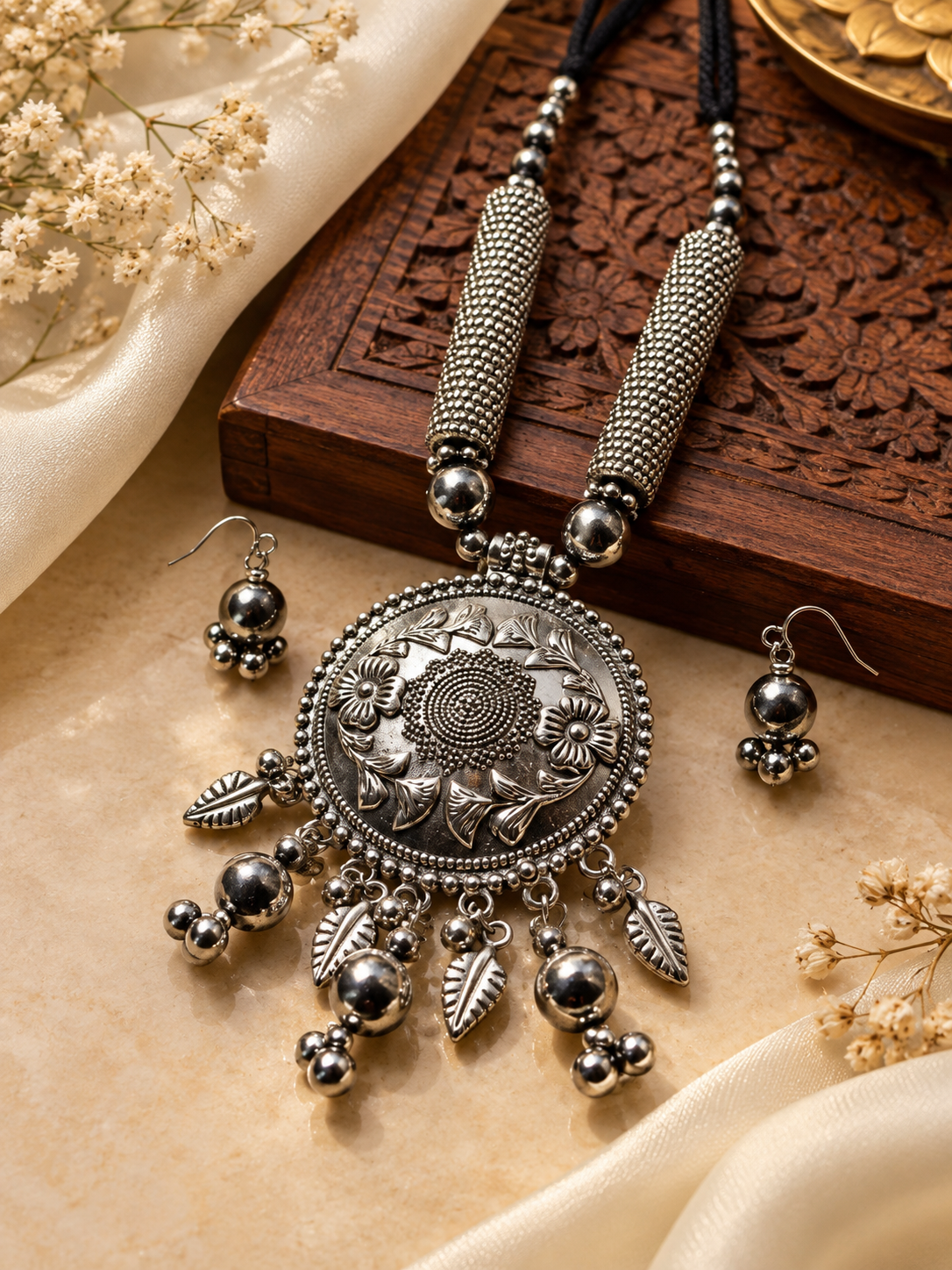c274b7f8-9536-4792-b601-e8d9bc6fdc36 Long Necklace Set With Round Leaf Pendant - Image 1