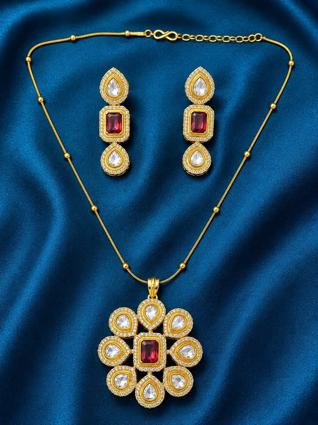 c65c7bbf-a626-424d-ab57-7d289c67be15.jpeg Long Matar Chain With Polki Kundan Pendant with earrings - Ruby - Image 1