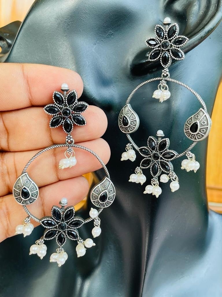 Silver Replica Flower Earrings - Black
