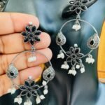 Silver Replica Flower Earrings - Black