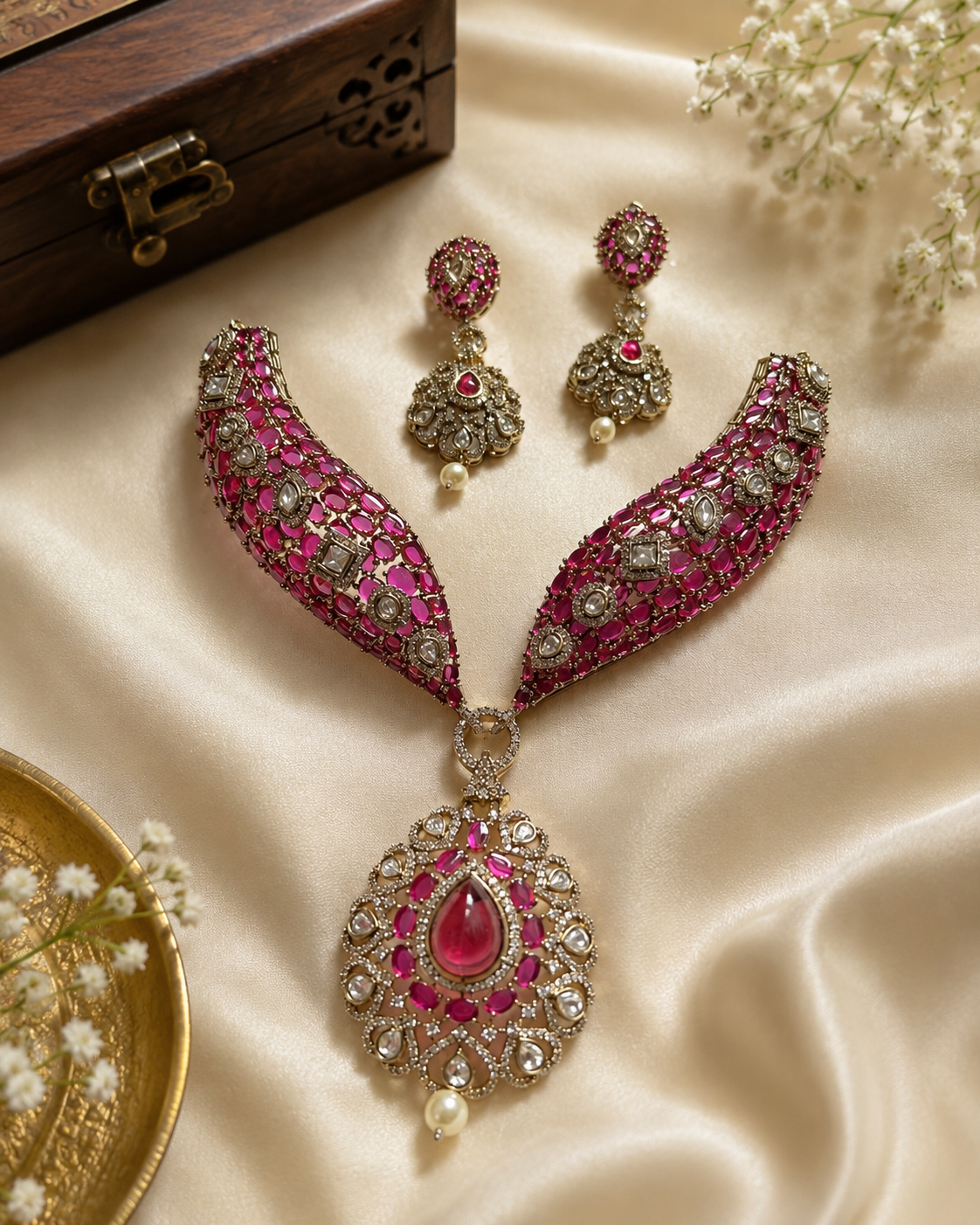 AD Necklace Set With Mossinite Stones - Hot Pink