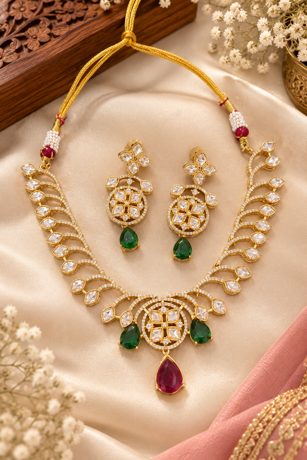 Moissanite Polki Necklace Set With Earrings - Ruby Green