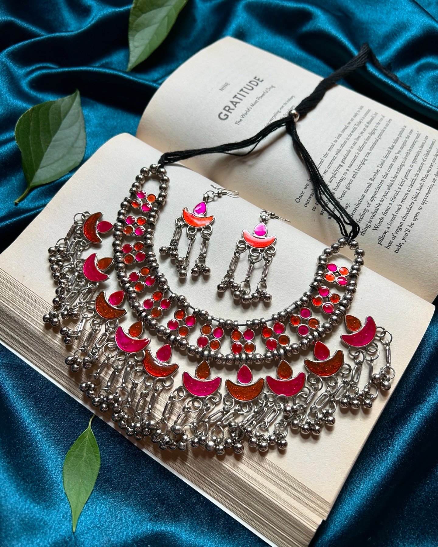 Oxidised Necklace Set - Pink Orange