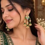 Kundan Meenakari Earrings - Green - Image 2