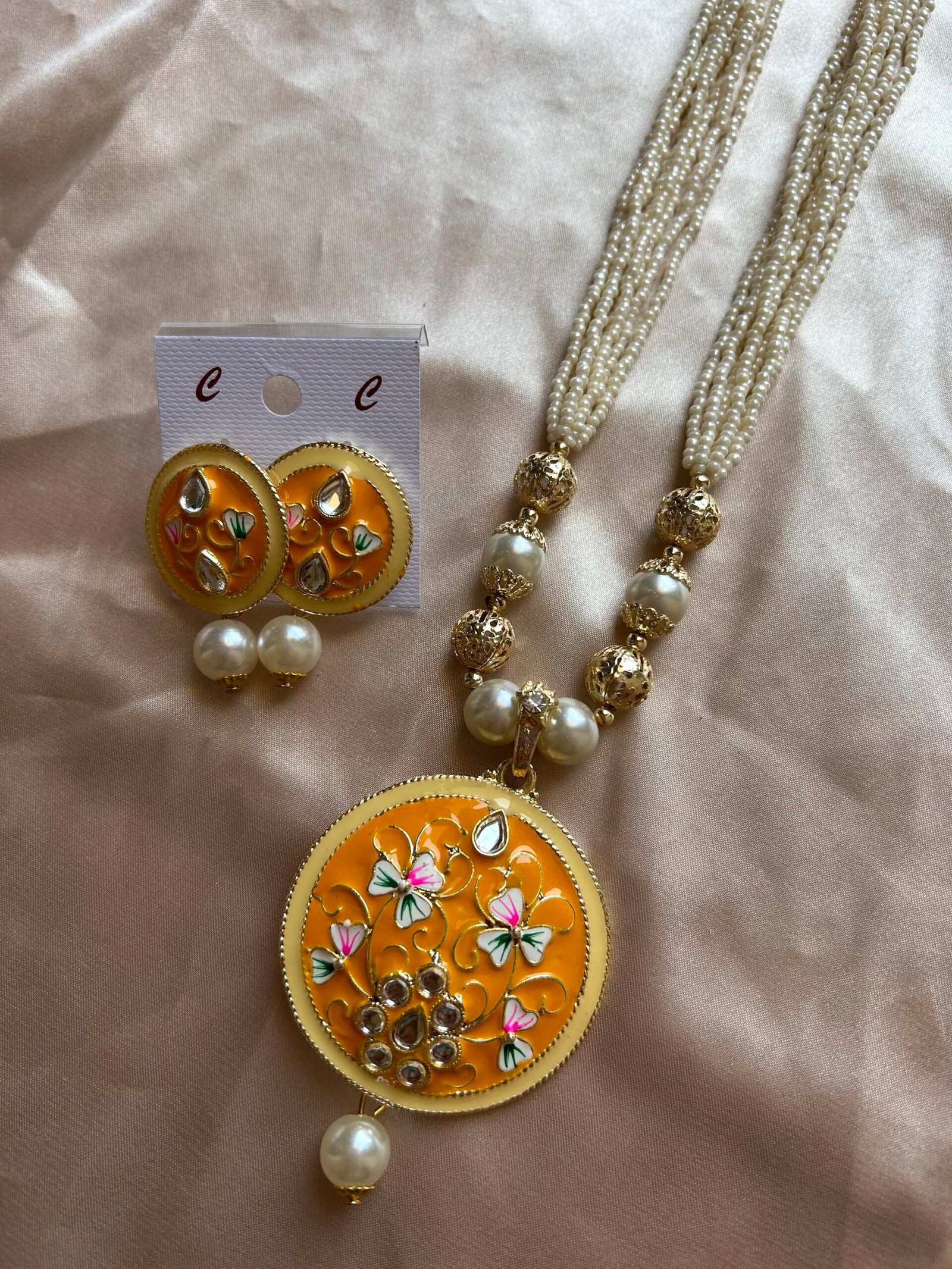 Long Moti Chir Mala With yellow Pendant