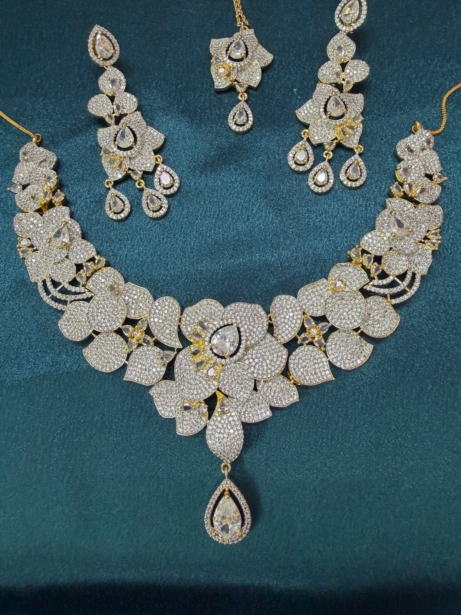 AD Designer Necklace Set Silver Golden With Nano Setting With Earrings and Mangtika