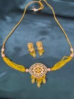 Tyani Kundan Necklace Set With Earrings - Yellow - Image 3