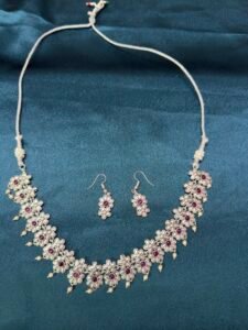 Silver Replica Flower Necklace Set With Earrings - Ruby - Image 6