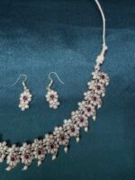 Silver Replica Flower Necklace Set With Earrings - Ruby - Image 2