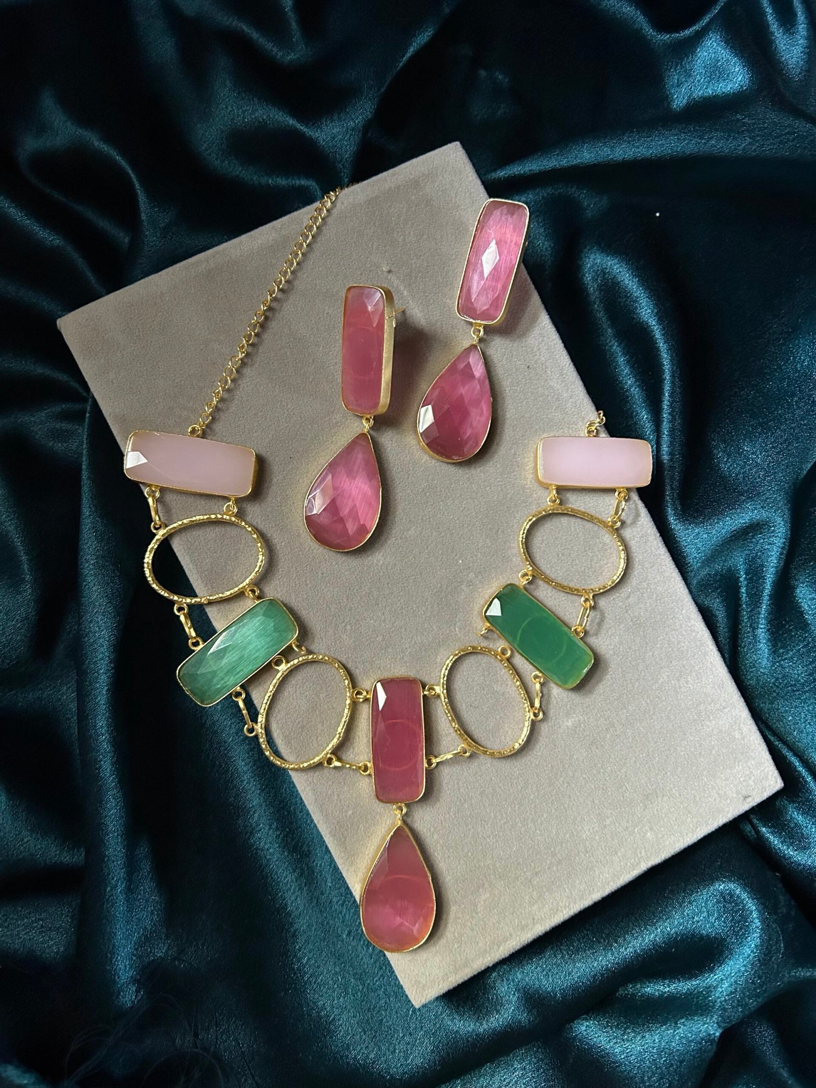 Natural Stone Necklace Set - Mint & Pink