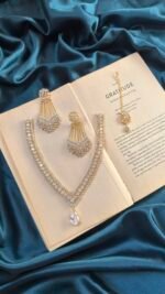 AD Golden Polish Necklace Set With Earrings and Mangtika - Silver - Image 3