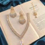 AD Golden Polish Necklace Set With Earrings and Mangtika - Silver