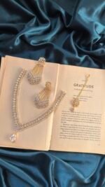 AD Golden Polish Necklace Set With Earrings and Mangtika - Silver - Image 2