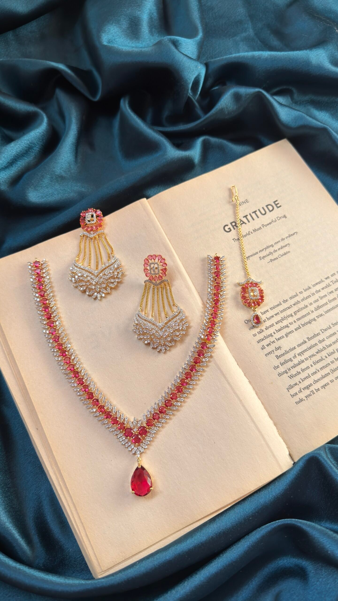 AD Golden Polish Necklace Set With Earrings and Mangtika - Ruby
