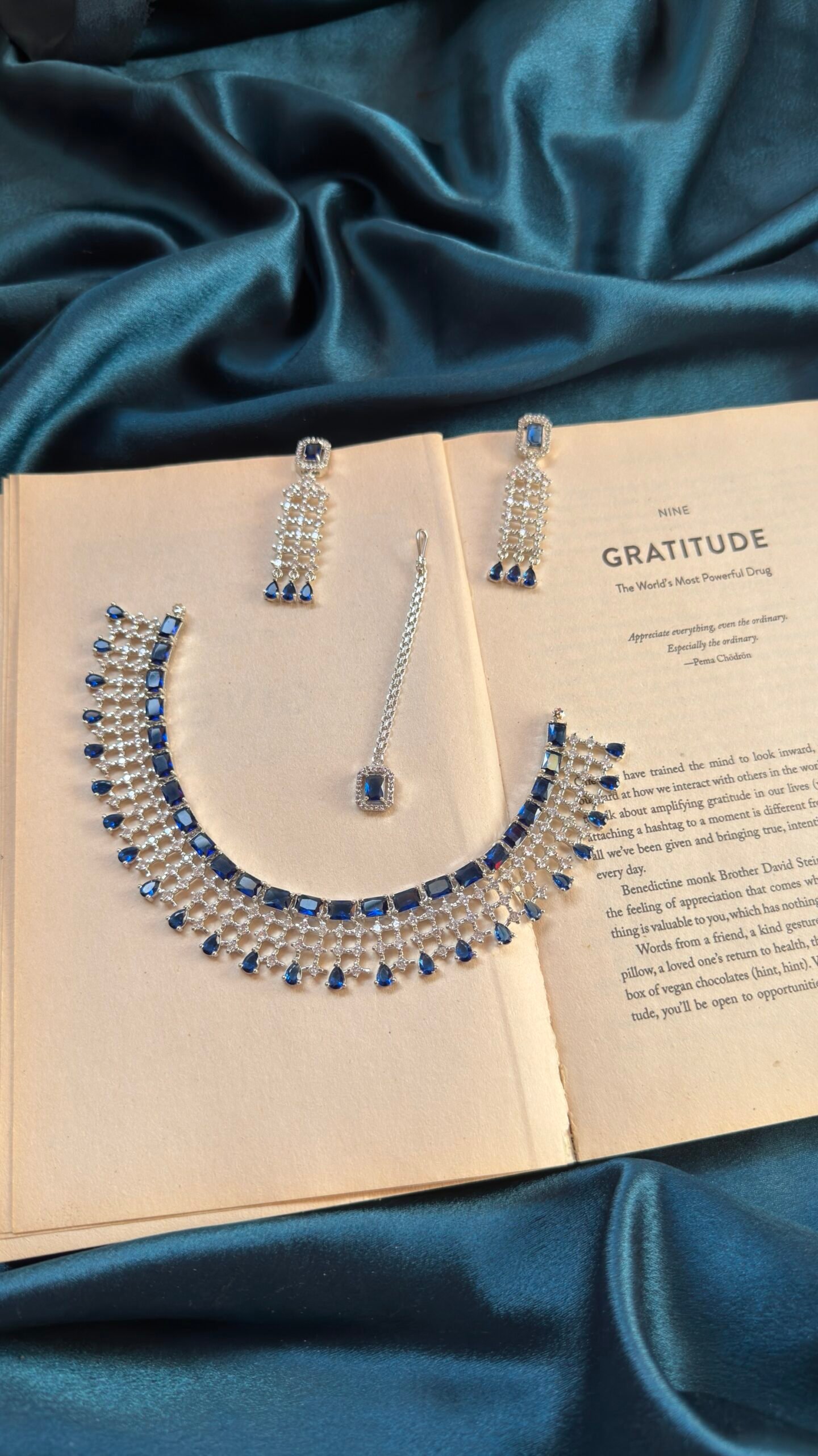 AD Necklace Set With Earrings and Mangtika - Blue