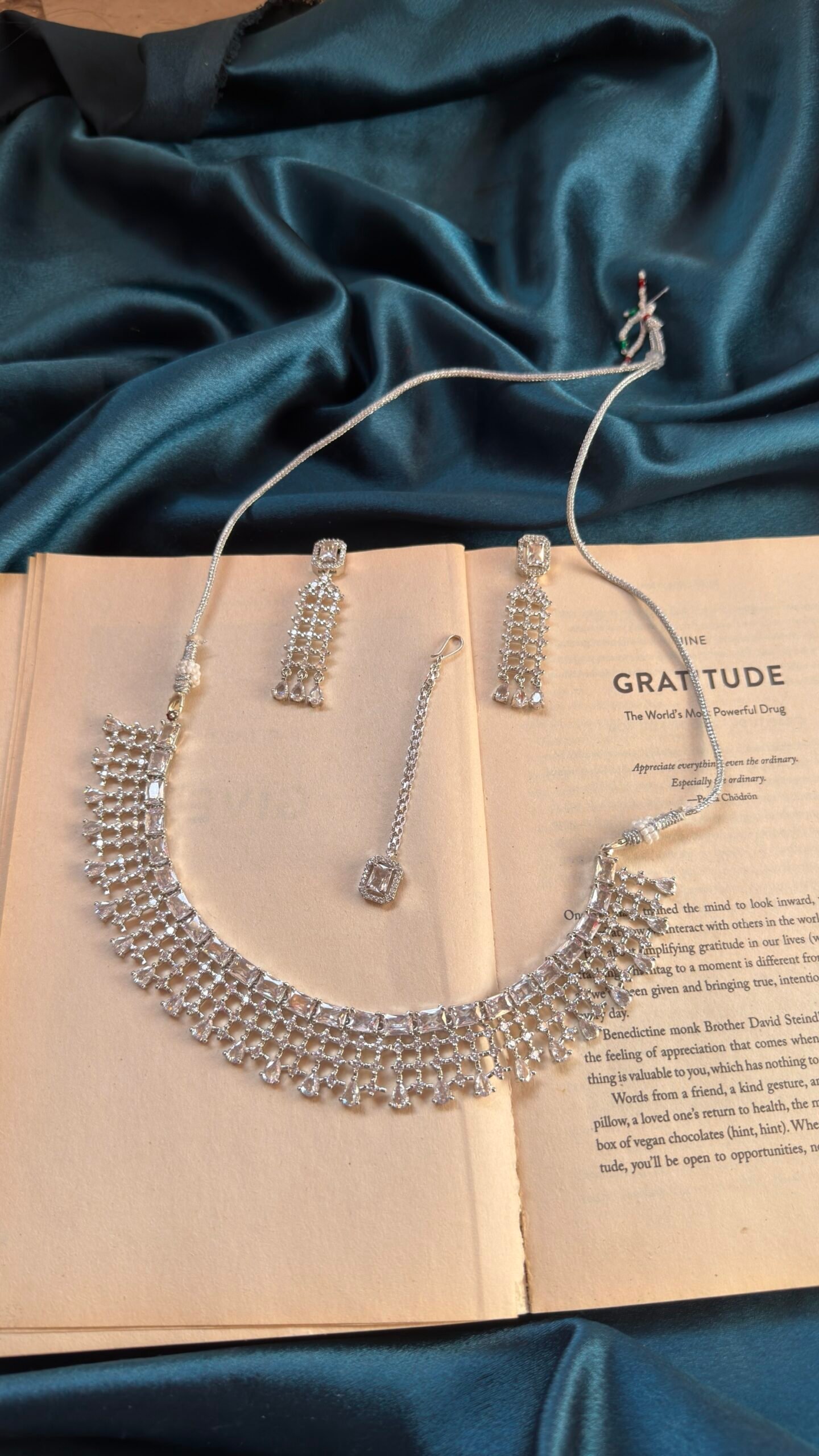 AD Necklace Set With Earrings and Mangtika - Silver