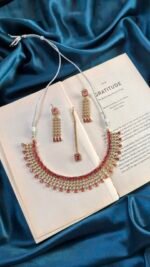 AD Mehendi Polish Necklace Set With Earrings and Mangtika - Ruby
