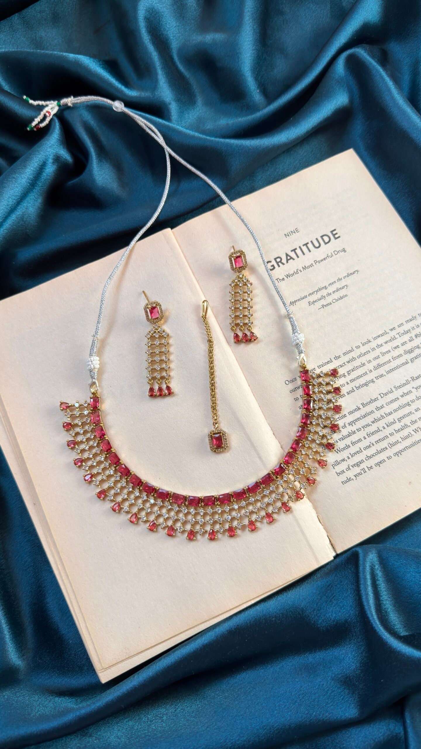 img_2456-scaled-1.jpeg AD Mehendi Polish Necklace Set With Earrings and Mangtika - Ruby - Image 1