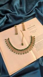 AD Mehendi Polish Necklace Set With Earrings and Mangtika  - Green
