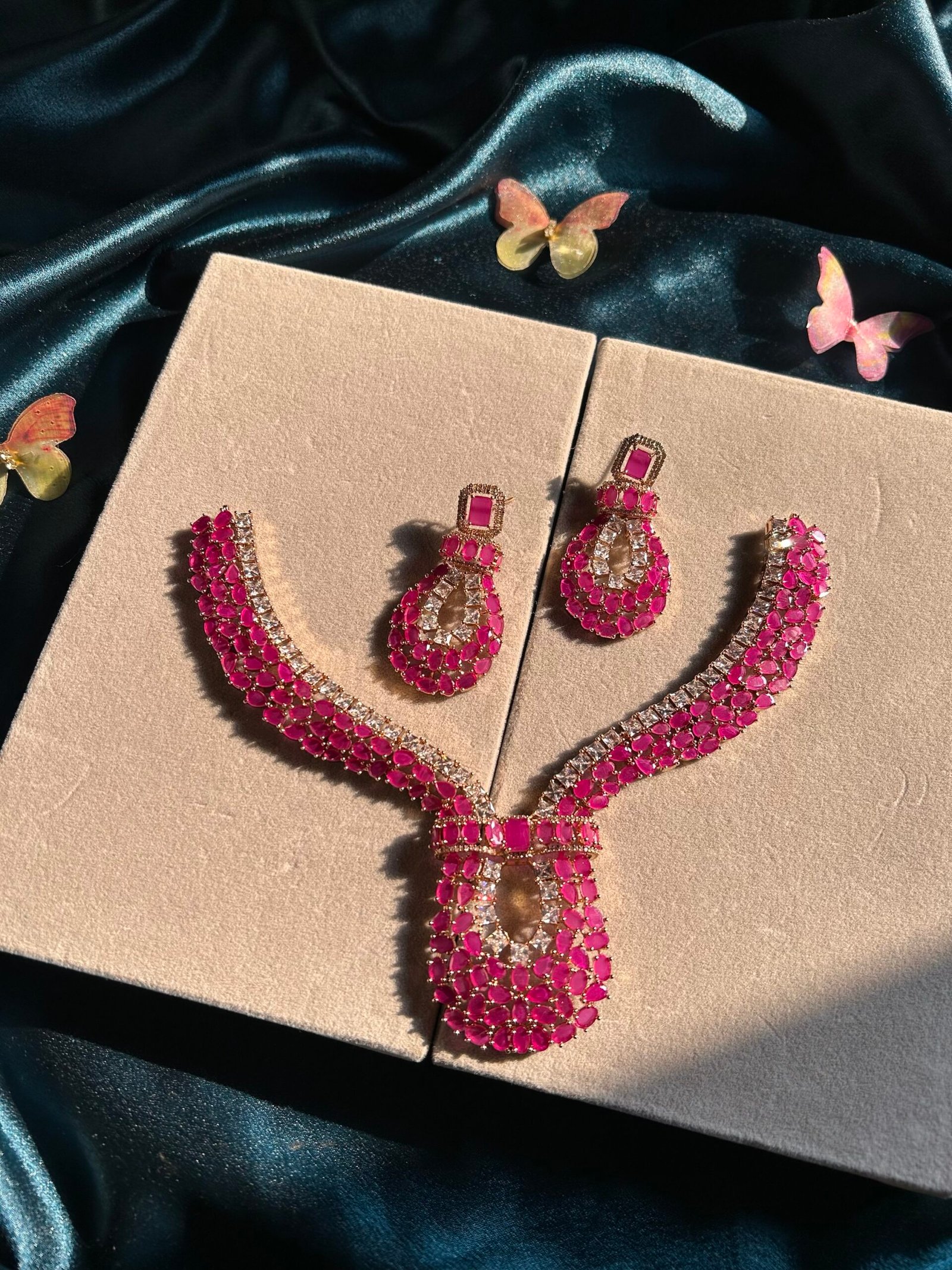 AD Silver and Rani Pink Necklace Set