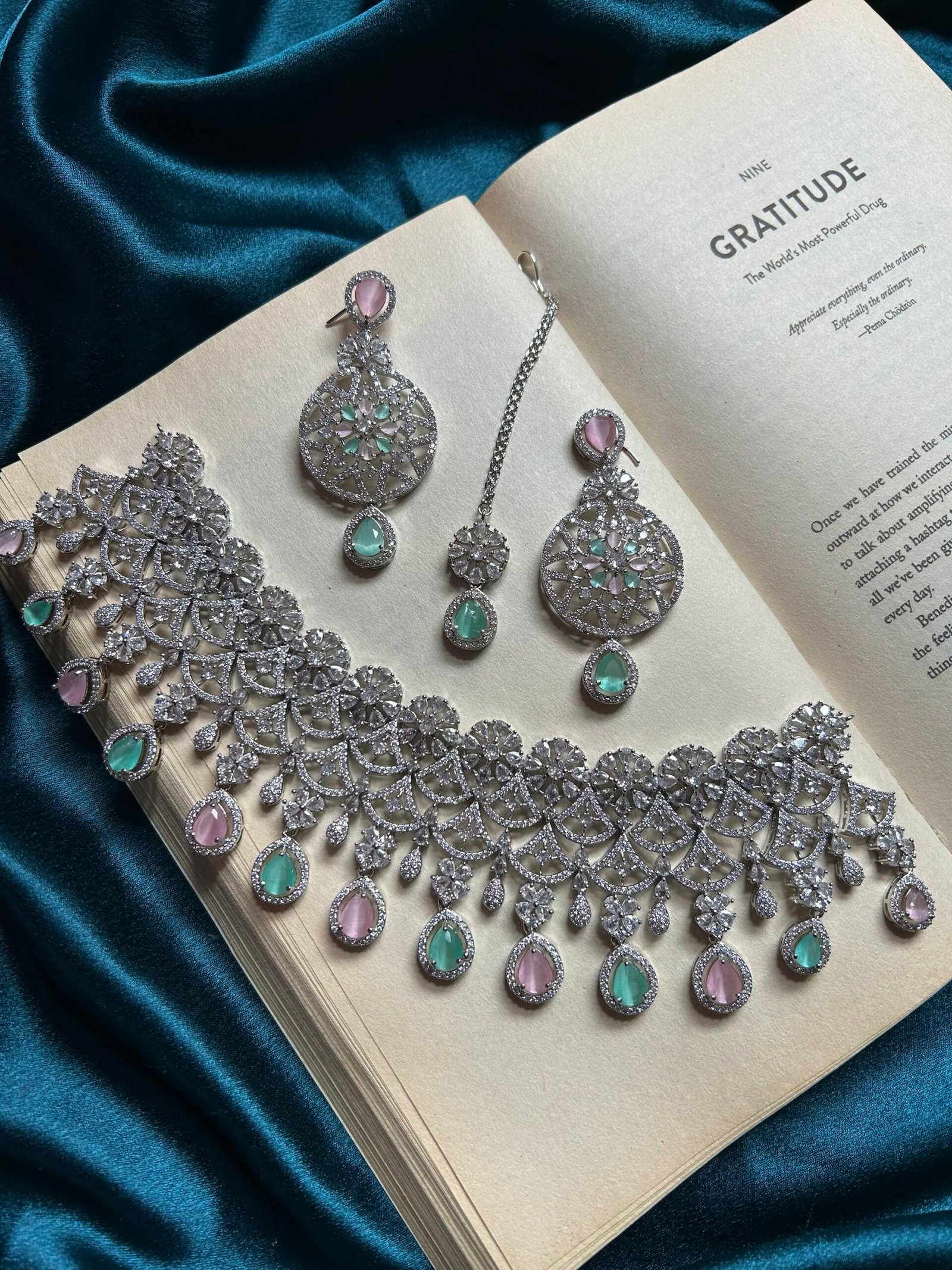 AD Necklace Set With Mangtika - Mint n Pink
