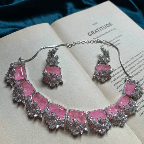 AD Silver Necklace Set - Pink
