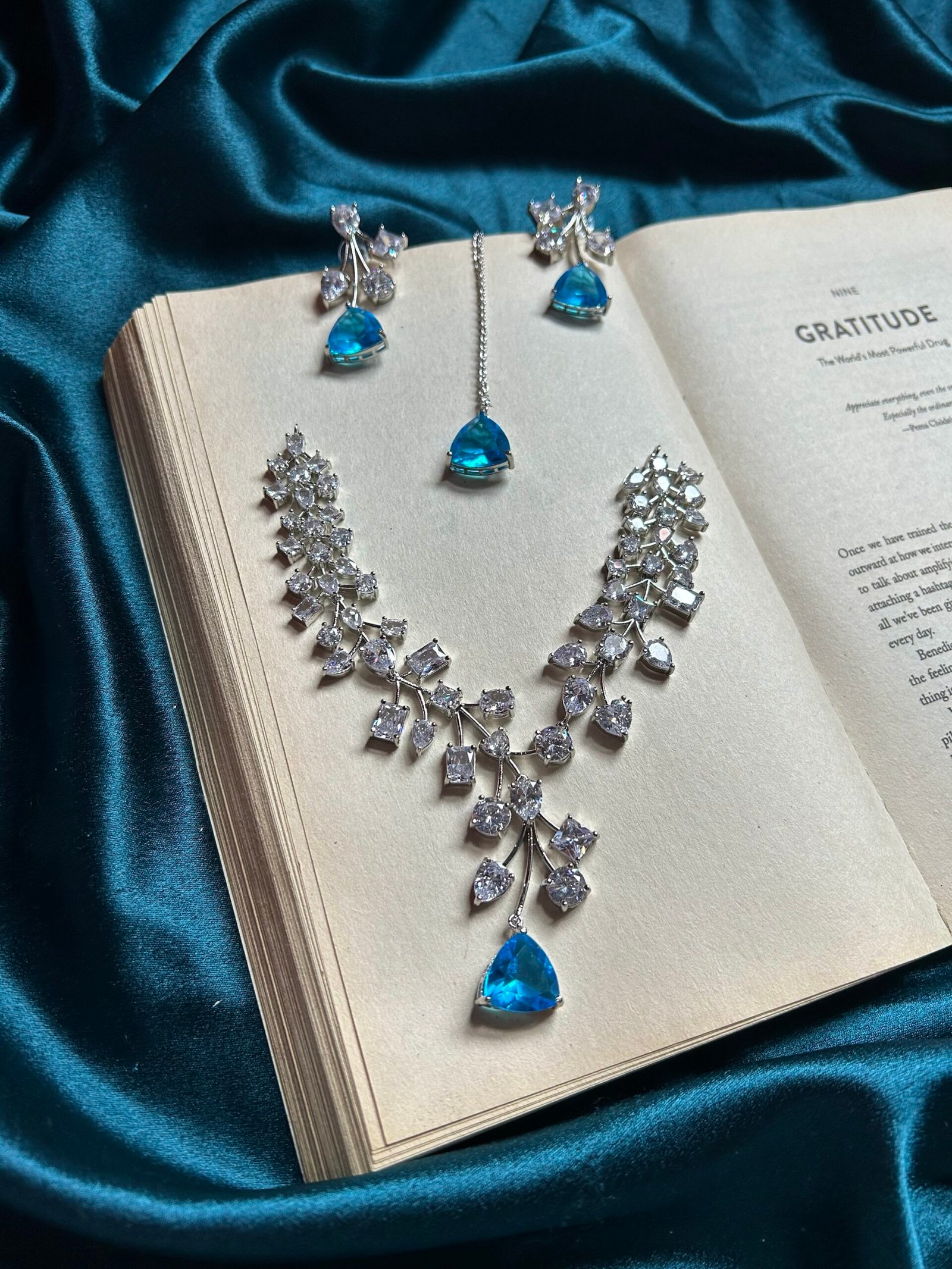 AD Necklace Set With Mangtika - Sky Blue