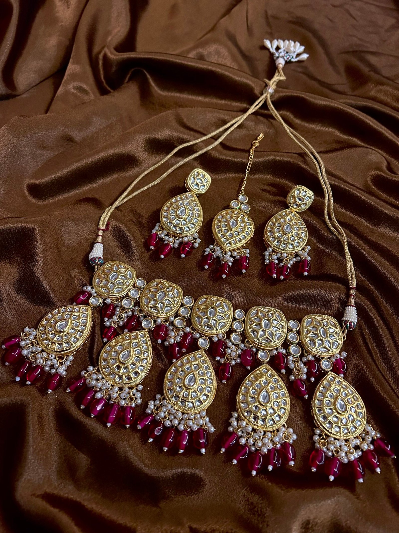 Kundan Necklace With Back Meenakari and mangtika - Rani Pink