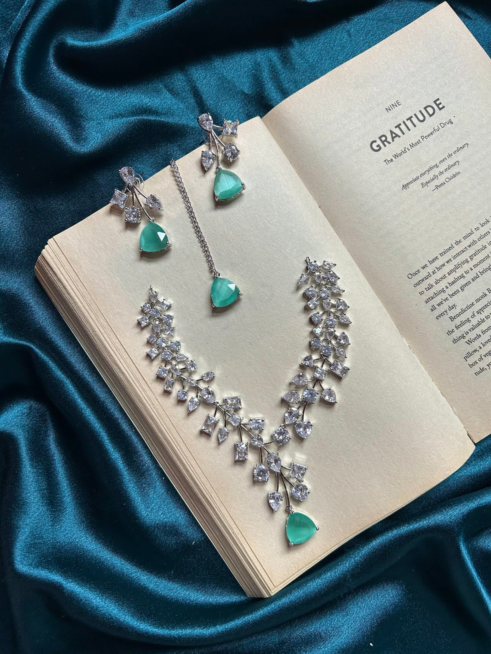 AD Necklace Set With Mangtika - Mint