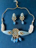 Kundan Choker Necklace Set With earrings - Blue - Image 4