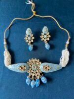 Kundan Choker Necklace Set With earrings - Blue - Image 3
