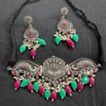 Oxidised German Silver Choker - Pink and Green