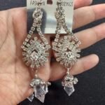 Silver Crystal Earrings With Ear Chain