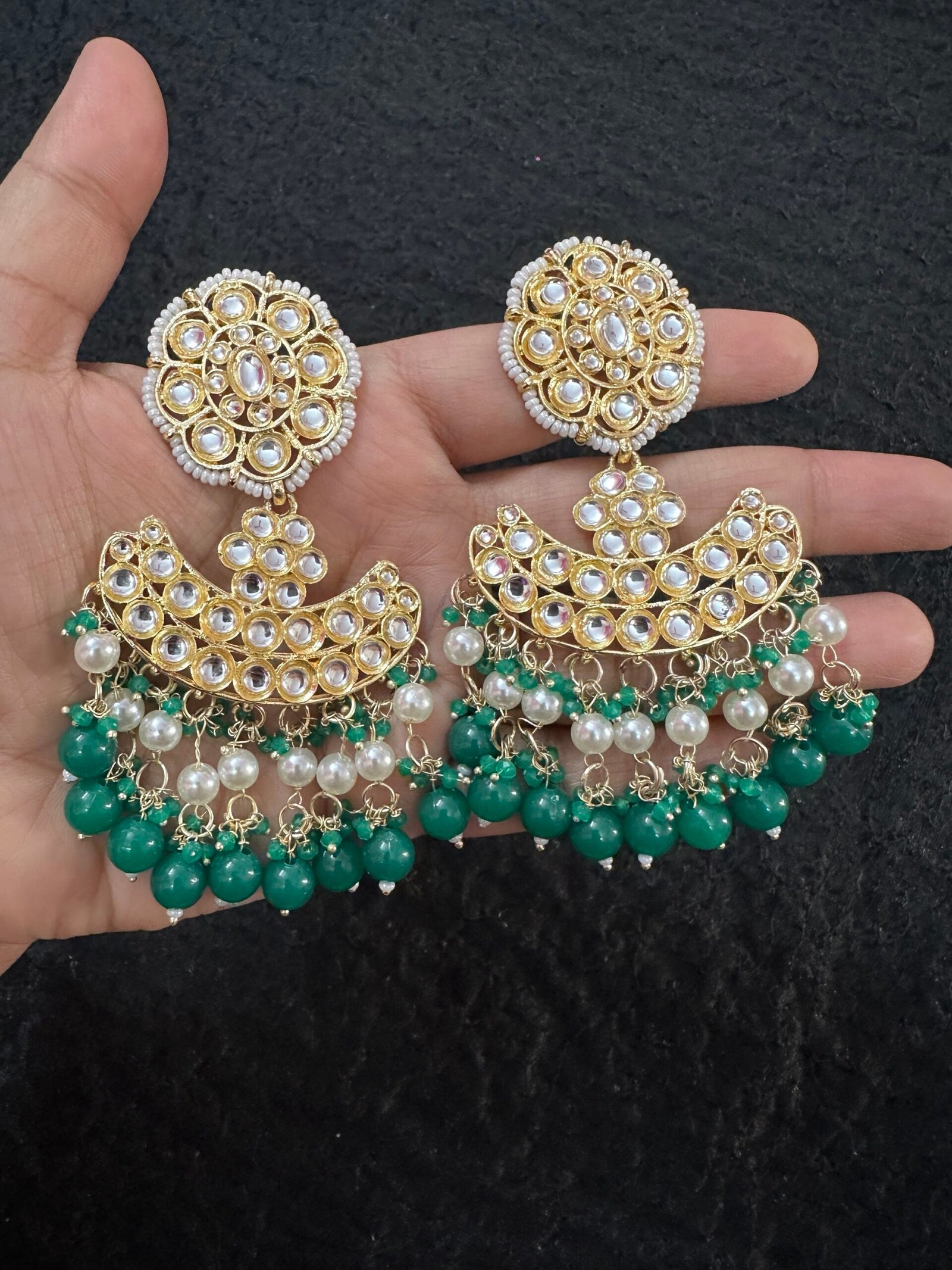 Kundan Earrings With Pearls - Green