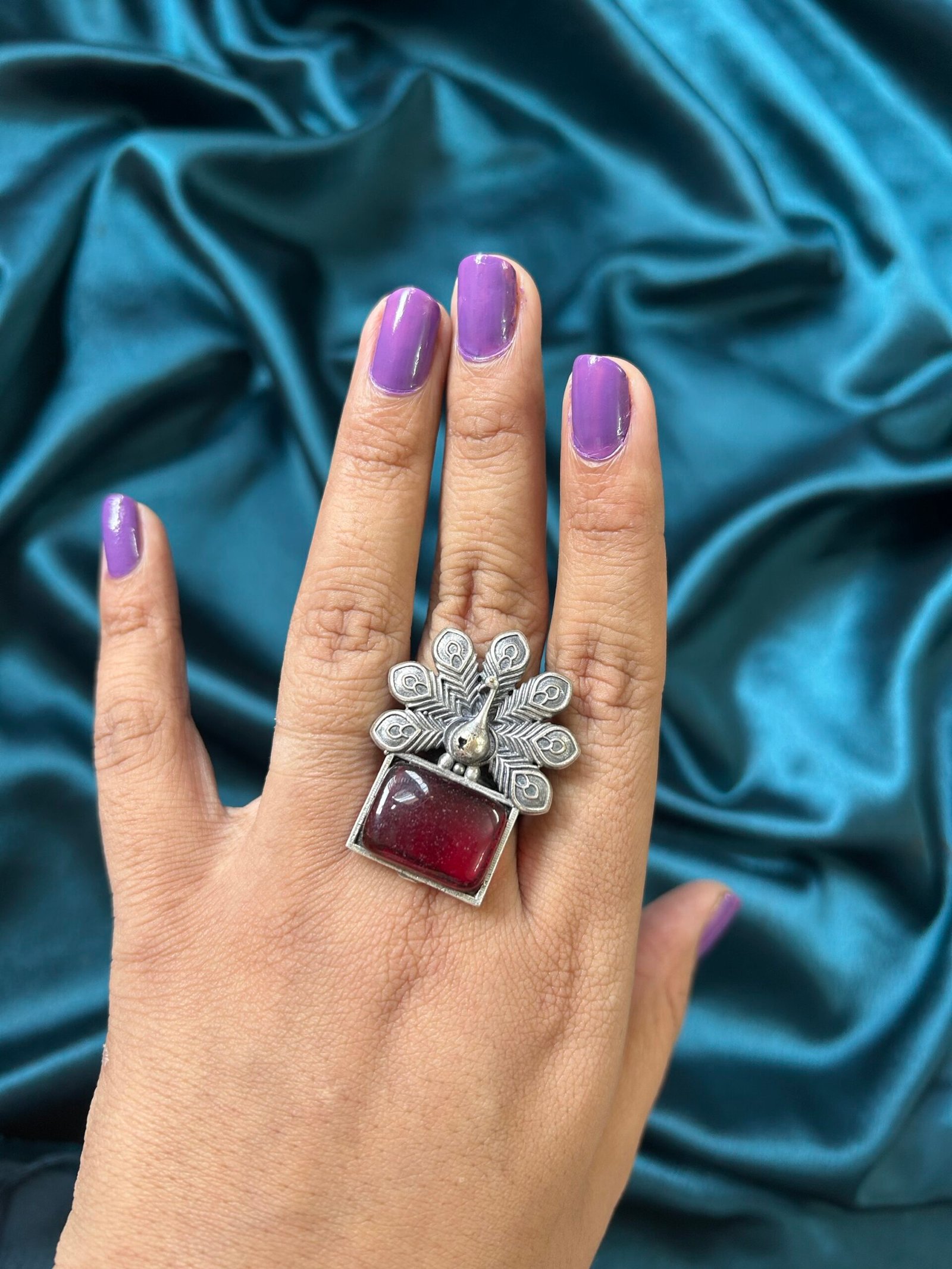 Peacock Ring Silver Replica - Maroon
