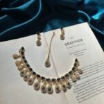 AD Golden Polish Necklace Set With Earrings and Mangtika - Blue