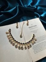 AD Golden Polish Necklace Set With Earrings and Mangtika - Blue