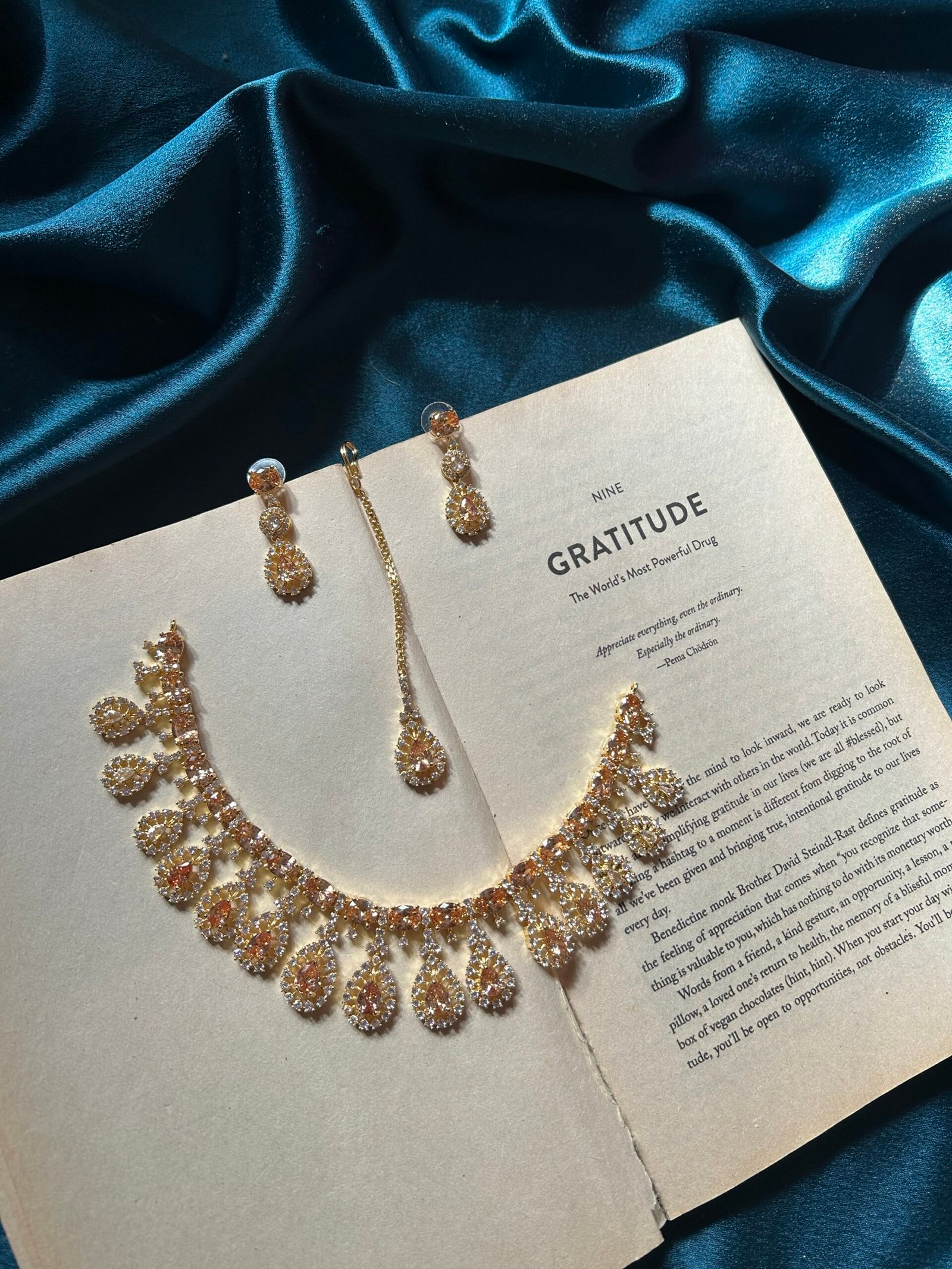 img_5689.jpeg AD Golden Polish Necklace Set With Earrings and Mangtika - Champagne - Image 1