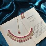 AD Golden Polish Necklace Set With Earrings and Mangtika - Magenta Pink
