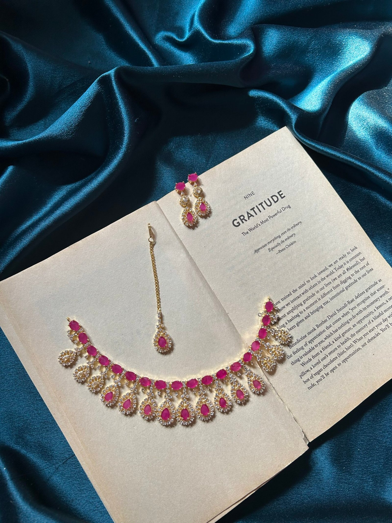 img_5690-scaled-1.jpeg AD Golden Polish Necklace Set With Earrings and Mangtika - Magenta Pink - Image 1
