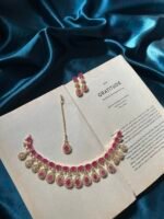 AD Golden Polish Necklace Set With Earrings and Mangtika - Magenta Pink - Image 2