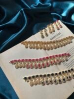 AD Golden Polish Necklace Set With Earrings and Mangtika - Magenta Pink - Image 3