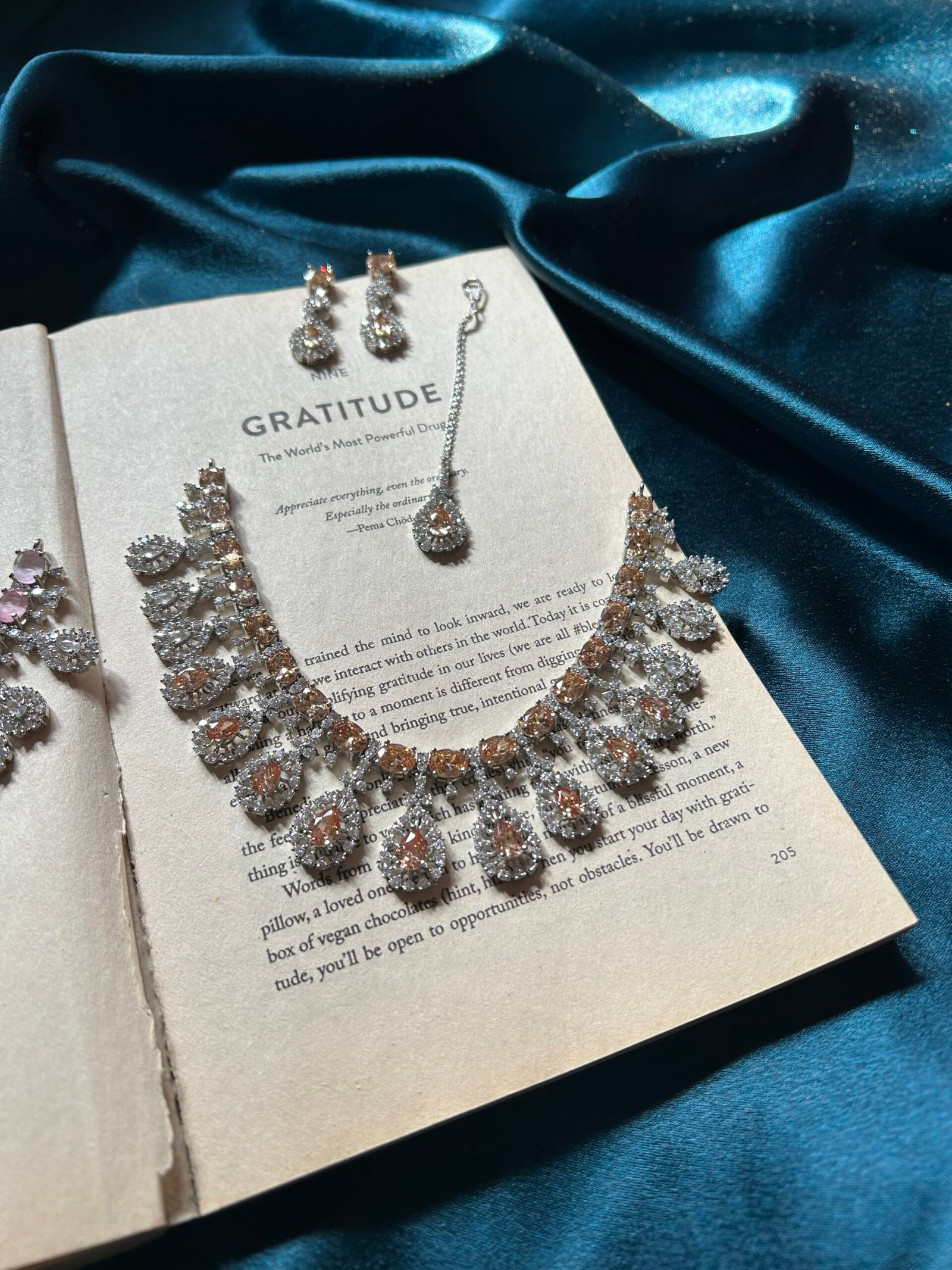 img_5696.jpeg AD Necklace Set With Earrings and Mangtika - Champagne - Image 1