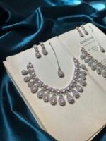 AD Necklace Set With Earrings and Mangtikha - Pink
