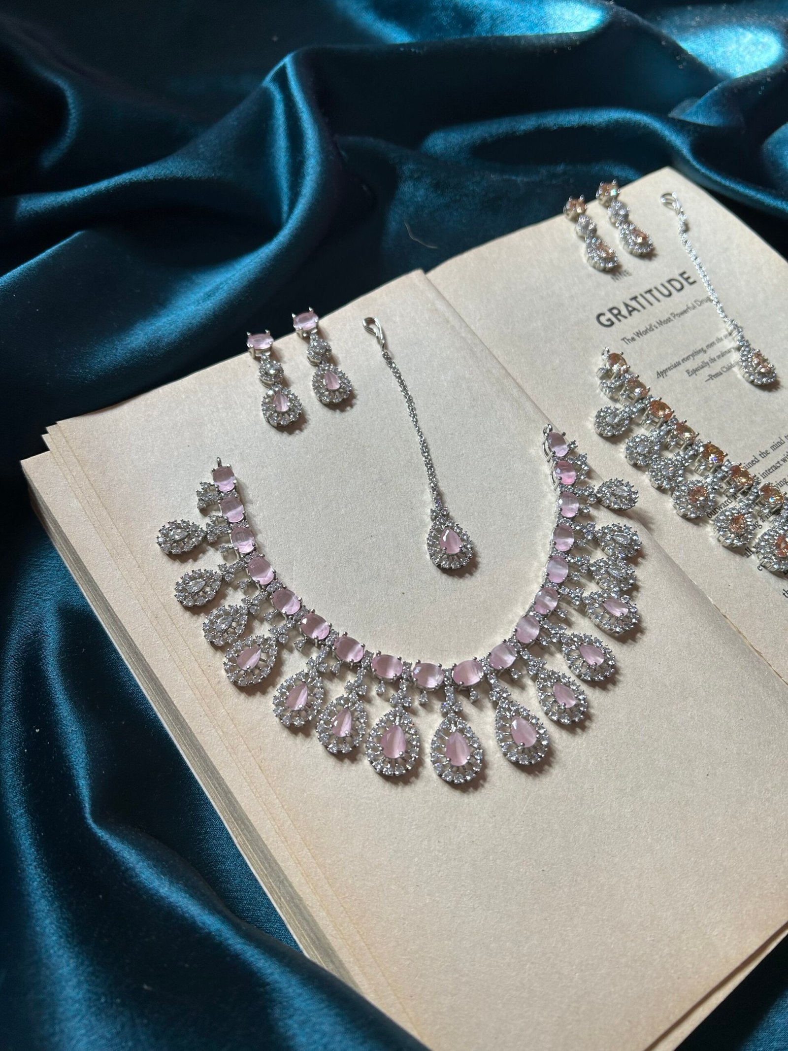 img_5697.jpeg AD Necklace Set With Earrings and Mangtikha - Pink - Image 1