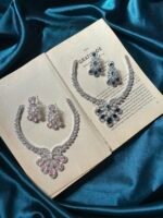 AD Silver Necklace Set With Earrings - Blue - Image 4