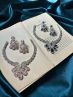 AD Silver Necklace Set With Earrings - Blue - Image 2