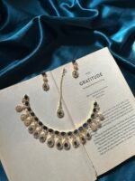 AD Golden Polish Necklace Set With Earrings and Mangtika - Blue - Image 2